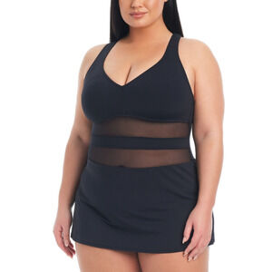 Bleu by Rod Beattie Don't Mesh with Me Skirted Swimsuit Black Plus Size 16W